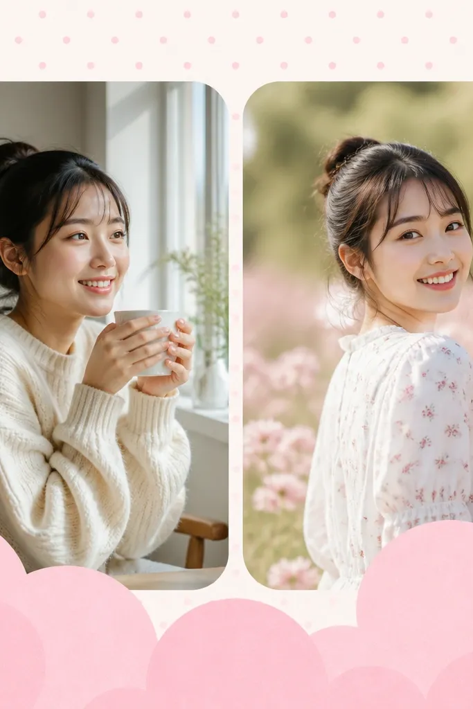Two photos side by side with rounded corners, a light pink polka dot overlay across the background, and large bubble-like text near the bottom.