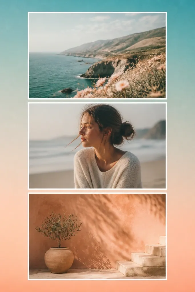 A soft gradient background from teal to peach with three photo frames aligned vertically, each with a thin white edge.