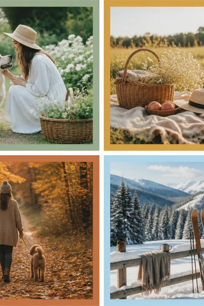 A four-photo grid where each frame has a different border color matching the season: sage green, mustard, terracotta, and sky blue.
