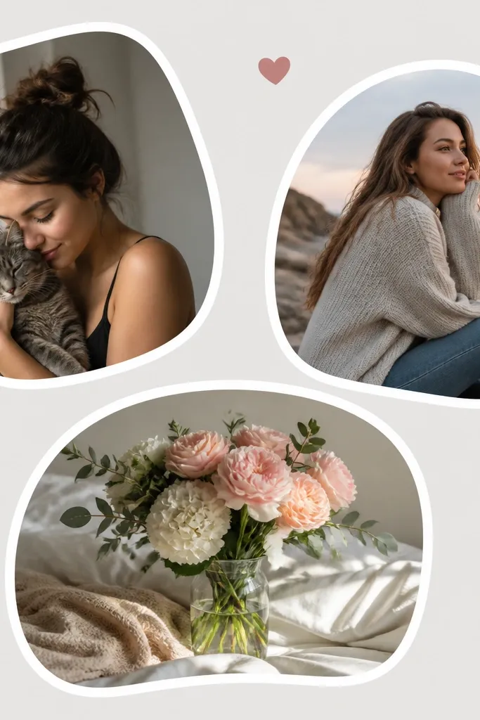 Three photos cut into rounded sticker shapes with thick white outlines, placed over a light gray background with a few small heart icons.