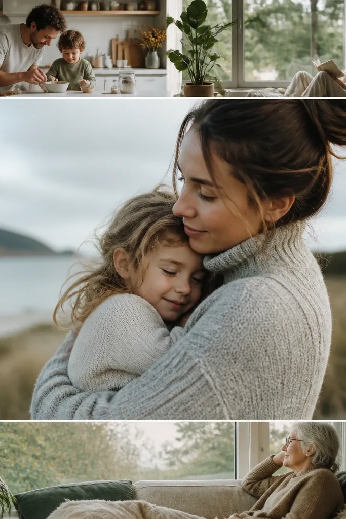 A big central photo with two narrow horizontal photo strips above and below it, and a clean caption in the top-left.