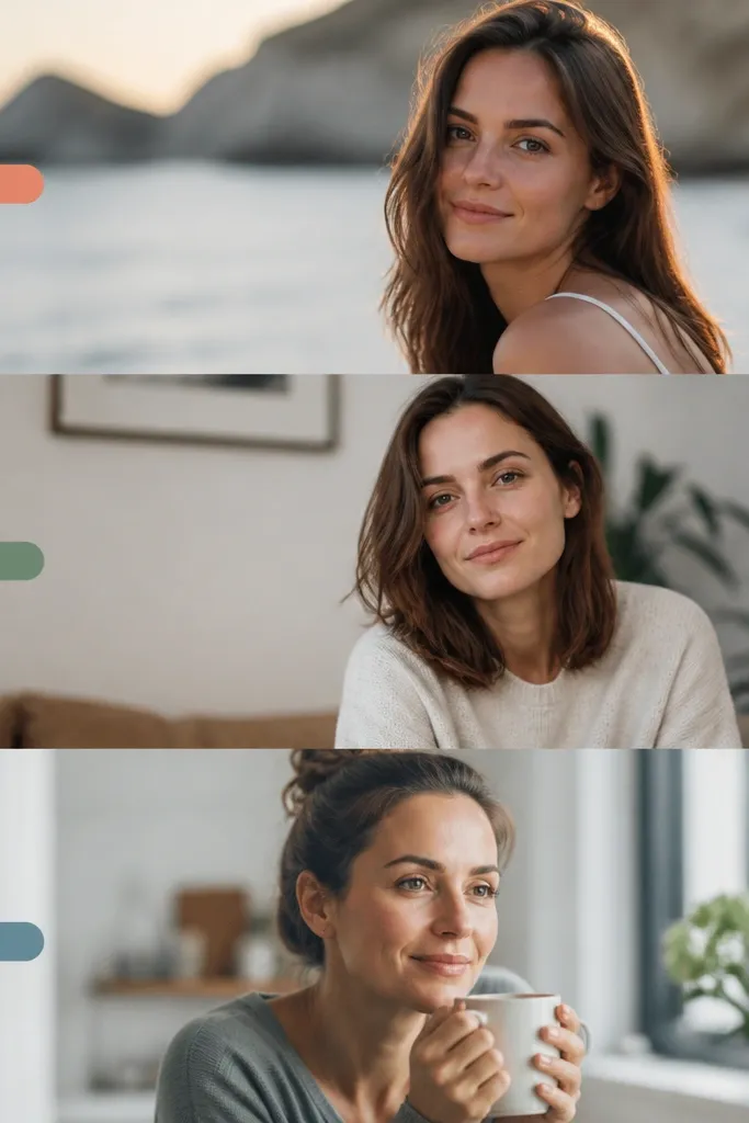 A vertical split timeline with three photos stacked and each has a small date label in a colored pill at the left side.