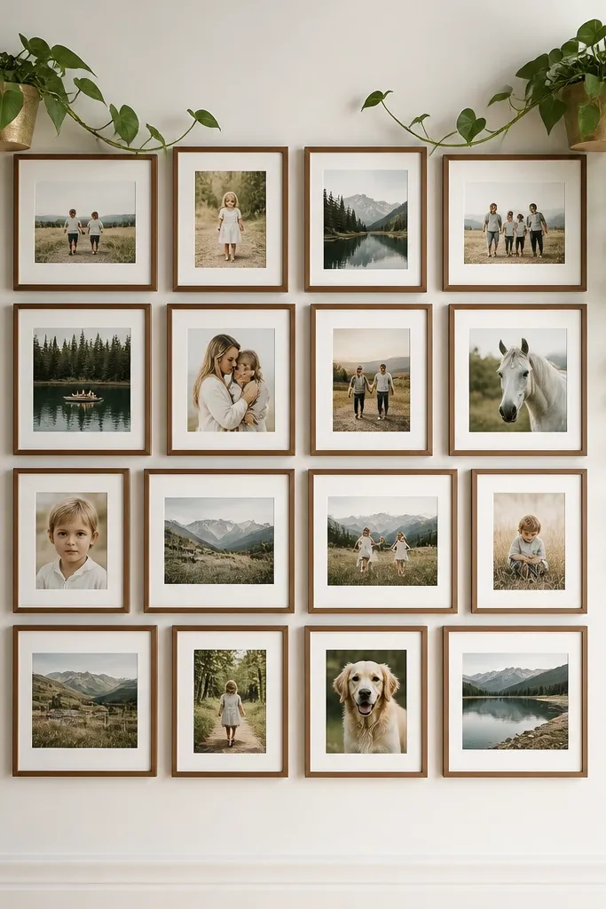 A 24x36 inch wall collage made of 4x6 and 5x7 photo frames in a clean grid. Two small planters sit on the top left and top right corners, each holding a trailing pothos with long green vines curling inward. The photos are evenly spaced, and the corners have a little extra visual weight from the plants.