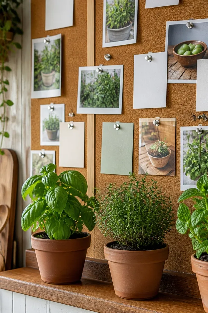 A cork board covered in child photos pinned with small wooden clips. Along the bottom edge, there are three tiny herb planters in a line (mint, basil, thyme look-alikes) with green leaves spilling slightly upward. The photos are arranged in a loose grid, and the cork texture shows through around the edges.