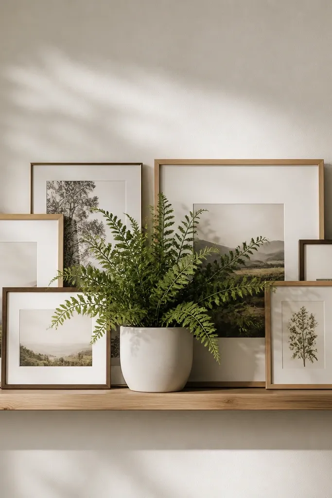 A wall with a narrow floating ledge holding layered picture frames. In the middle above the ledge sits a single white planter with a bushy plant (like a faux fern or real leafy greenery) reaching outward. The frames overlap slightly, with varying orientations, and the plant anchors the center.