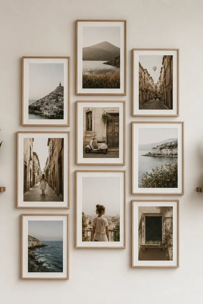 A staggered photo collage arranged like a ladder: three vertical columns of frames with alternating heights. Two wall shelf planters sit on the left and right sides, each holding a compact plant with upright leaves. The overall layout has diagonal movement, and the plants sit beside the photos rather than on top.
