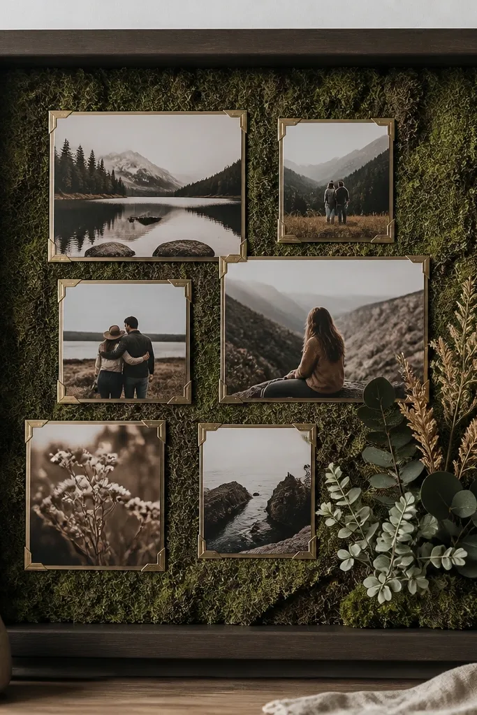 A large square shadow box frame filled with textured moss-like backing. Photos are cut to fit and mounted with small adhesive corners. A small cluster of faux plants sits at the bottom right, with tiny leaves and a few dried-looking stems. The overall look is earthy and layered.