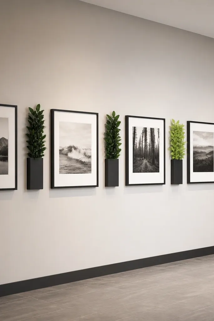 A long horizontal row of evenly spaced frames across a wall. Between frames, there are small plant color blocks: two narrow planters with dark green leaves and one with a lighter green plant. The photos are consistent in size, and the plants create vertical separators.