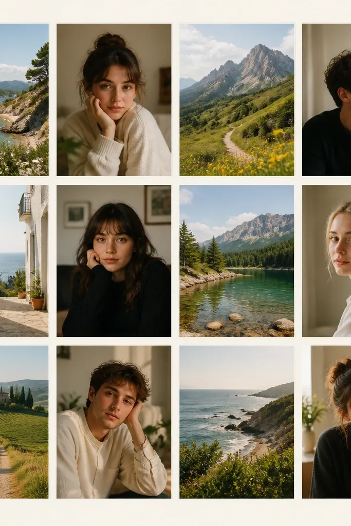 A phone wallpaper showing 12 photos in a neat grid. Every image sits inside a thin off-white border, with equal gaps. The background is creamy off-white, and the photos alternate between bright outdoor shots and indoor portraits.