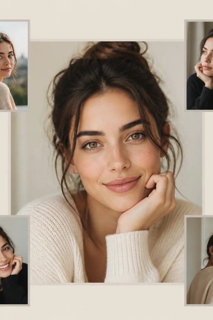 A wallpaper where one large portrait photo sits in the middle. Four smaller photos are tucked around it at the corners, each with a soft gray frame. The background is light beige, and the central face is crisp and bright.