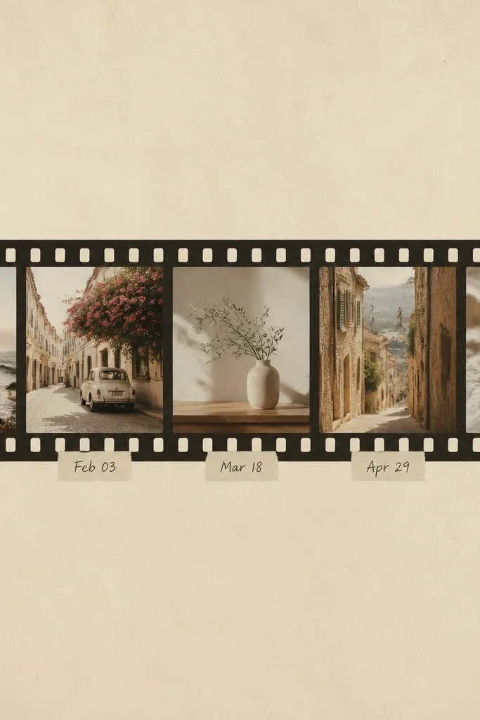A wallpaper styled like a film strip. Several photos run in a horizontal band across the middle with sprocket-like edges. Small date tags sit under each photo in a handwritten font, on a muted cream background.