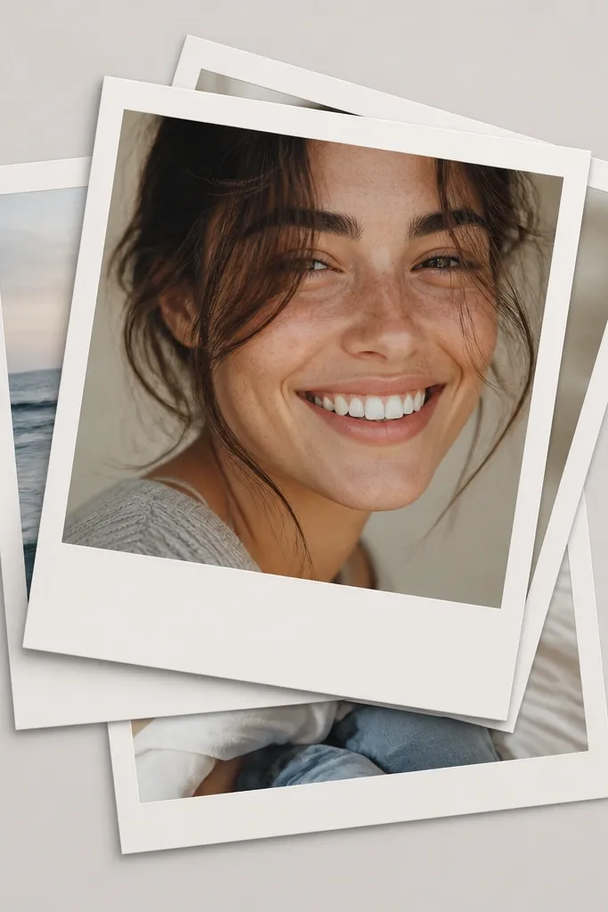 A wallpaper showing overlapping polaroid-style photos. The photos tilt slightly left and right, with thick white margins and faint gray shadows. The background is a soft warm gray, and the top polaroid shows a smiling face close-up.