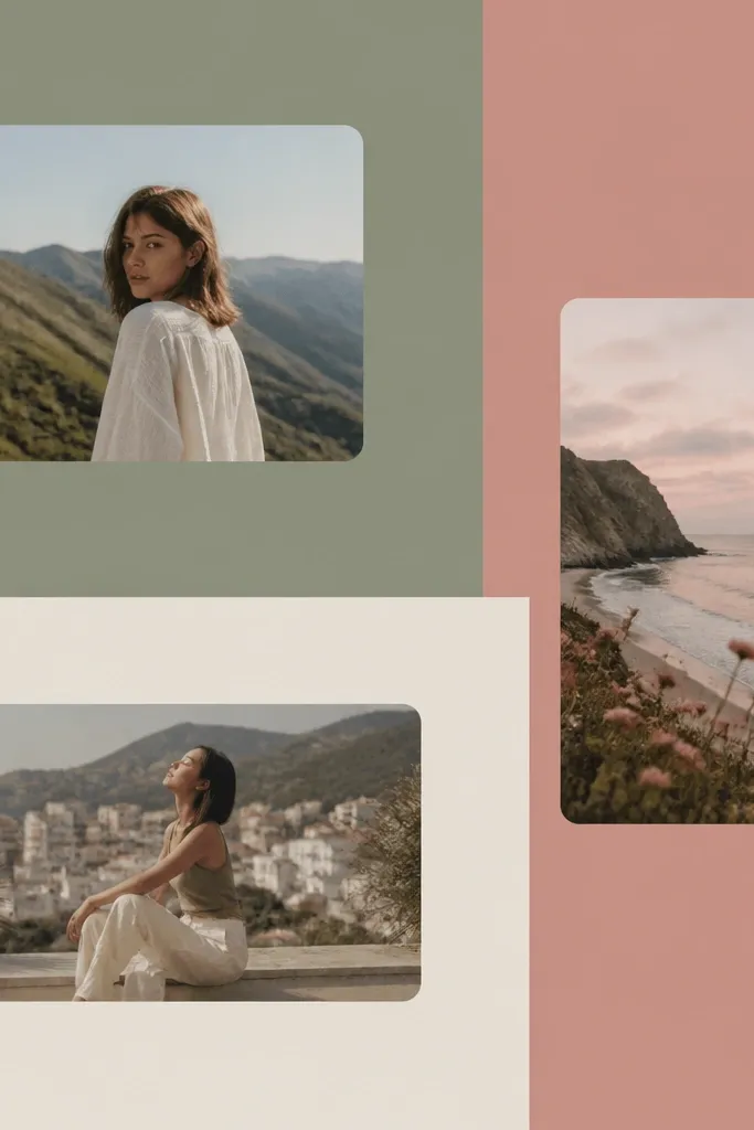 A wallpaper with large matte color rectangles in muted sage, dusty rose, and soft cream. Each color block has a rectangular photo window cut out with rounded corners. Photos are mostly outdoor scenes and portraits.