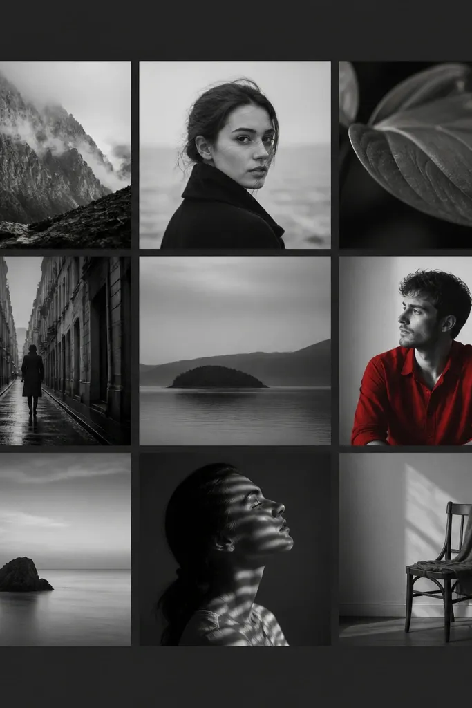A wallpaper with 9 photos in a grid. All photos are black-and-white except one tile where a red shirt remains red. The borders are dark gray, and the background is charcoal.