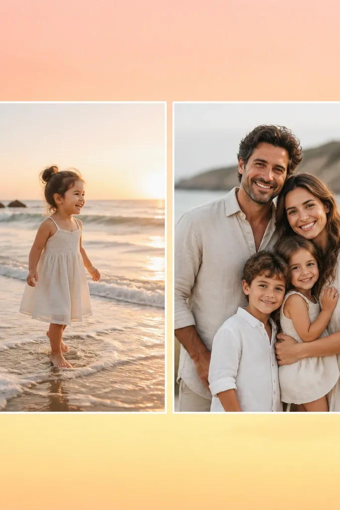 A wallpaper with a soft sunrise gradient background from peach to light yellow. Two large photos sit side-by-side in the center with gentle white borders. The left photo is a kid at the beach, the right is a family portrait.