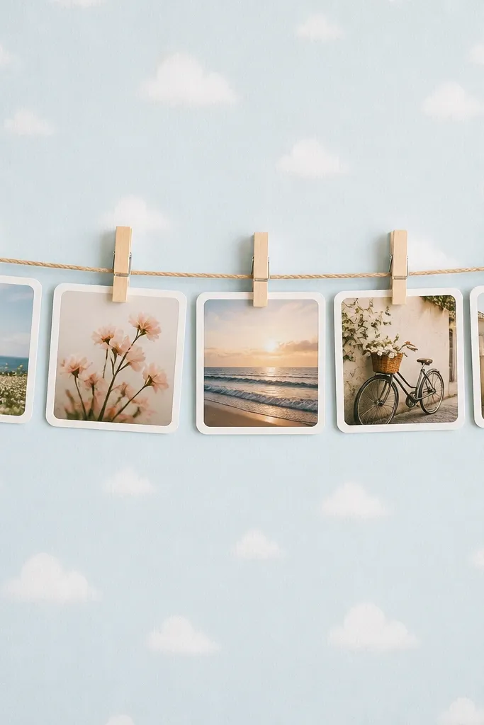 A wallpaper with small photos hanging like laundry on a line. The photos have white rounded frames, and each has a tiny clothespin clip above it. The background is a pale blue with subtle cloud dots.