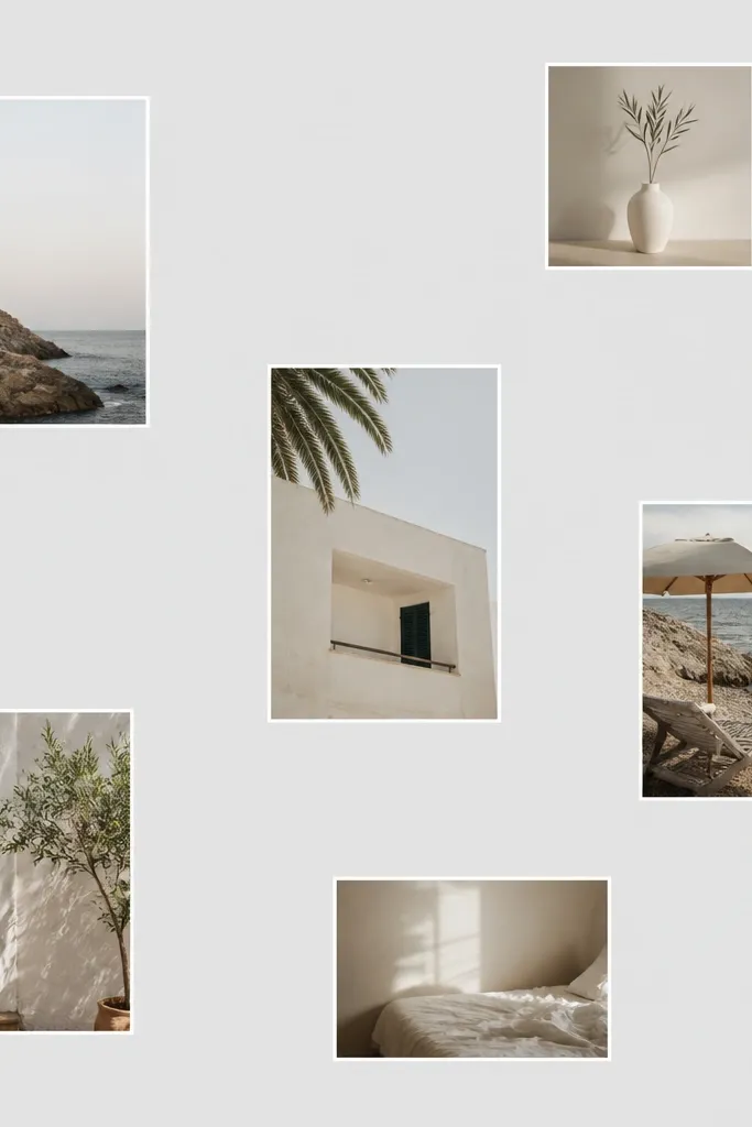 A wallpaper where photos are placed directly on a light gray background, each outlined with a thin white border. There are fewer photos, like 6, and there's lots of empty space between them. The look is clean and modern.