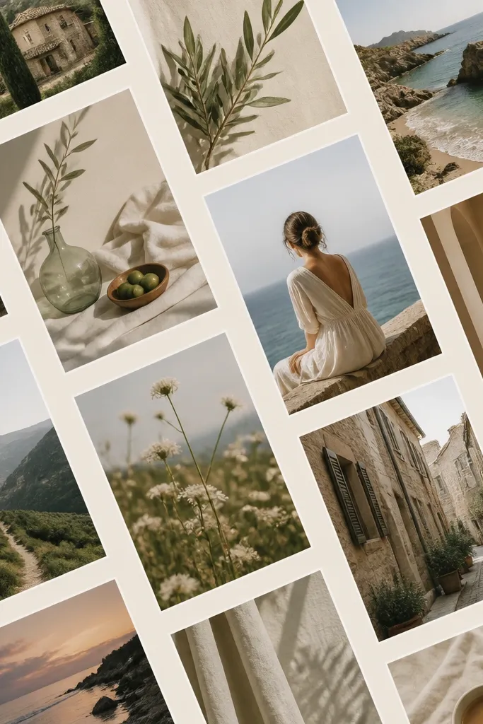 A wallpaper where photos are arranged diagonally, like a slanted grid. Each tile has a thin light border, and the photos are rotated slightly, creating a dynamic pattern. Background is soft cream.