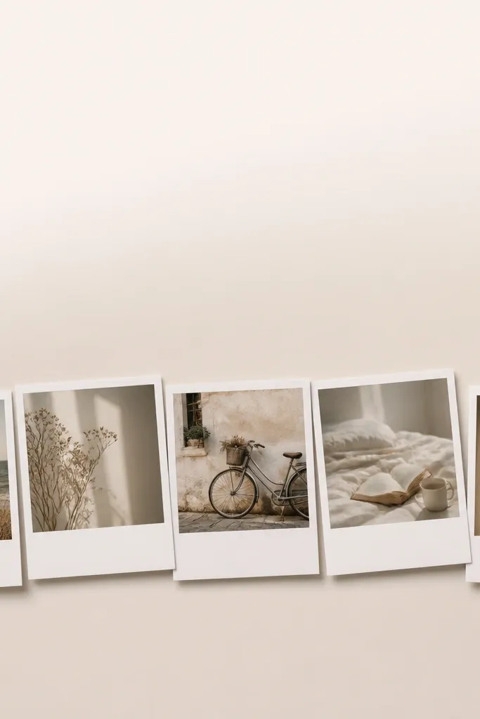 A wallpaper with a horizontal strip of polaroid photos across the lower half of the screen. The top half is mostly blank with a soft gradient. The polaroids have thick white margins and subtle shadows.