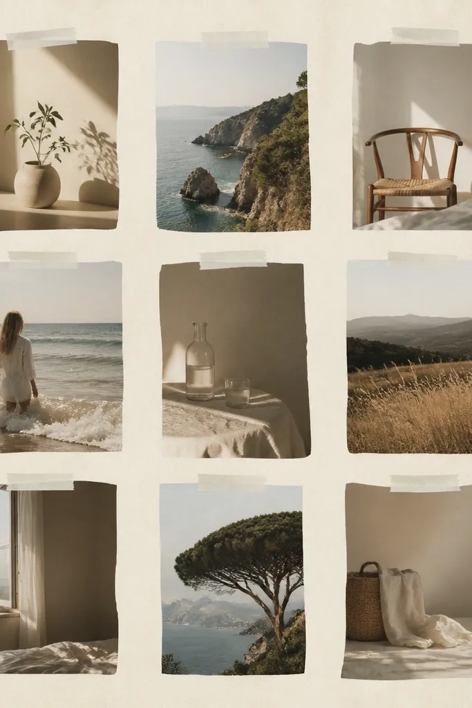 A wallpaper with a grid of photos that look slightly hand-cut. Each photo has uneven edges and a thin white tape strip effect on top. Background is pale paper beige with faint texture.