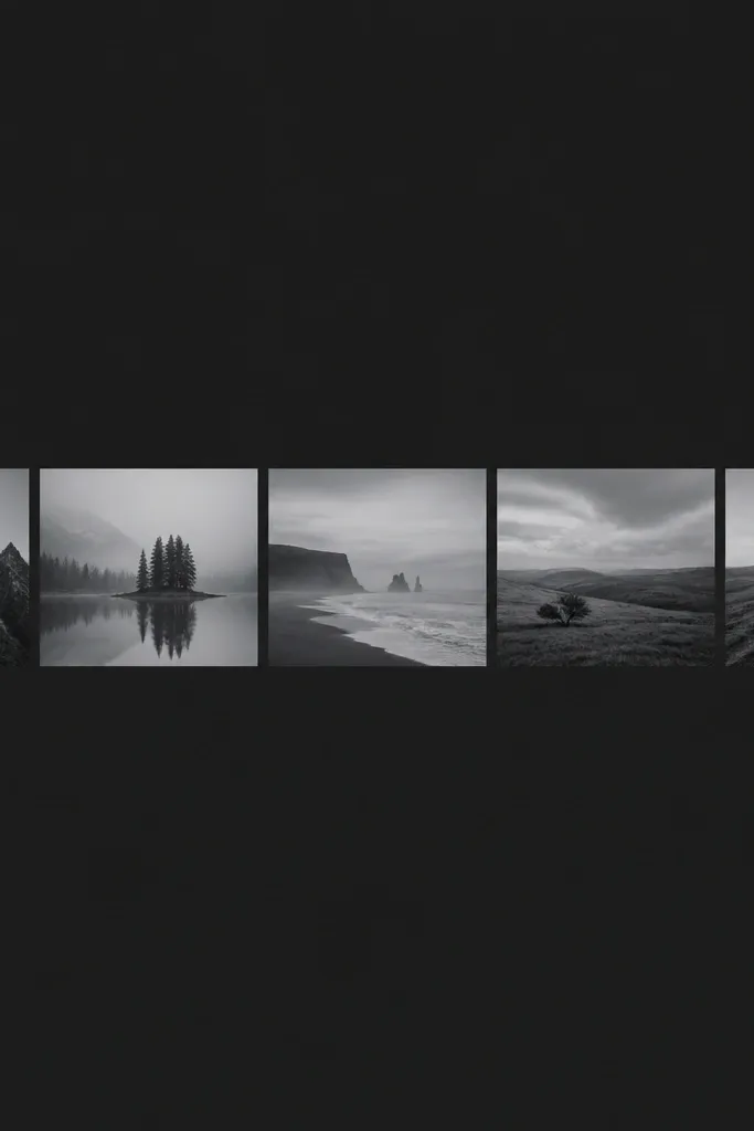 A wallpaper showing several landscape photos in a horizontal strip. All images are monochrome (cool gray), and there's letterboxing bars above and below each photo, like a movie frame. The background is dark gray.