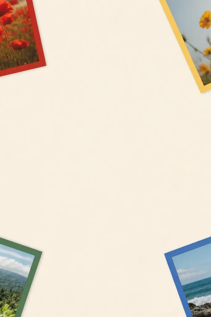 A wallpaper with four photo corners forming a rainbow-like diagonal. Each corner photo has a colored border: red, yellow, green, and blue. The center is a soft off-white, and the corners are the only busy area.