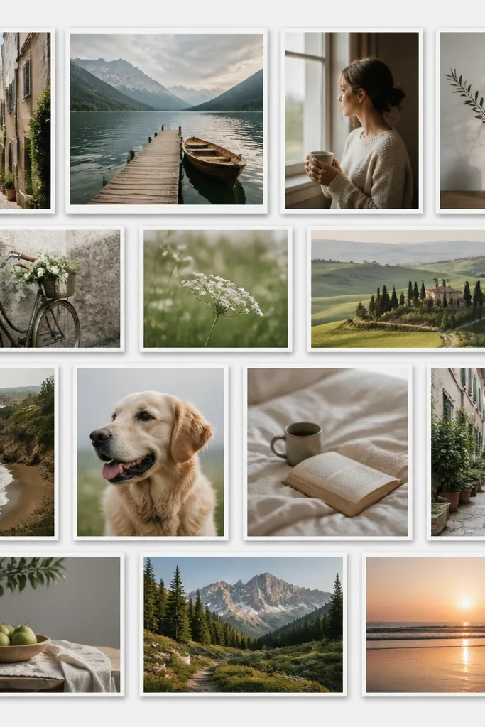 A wallpaper mosaic with 14 photos arranged in a tight grid. Each photo has a white frame and a soft gray drop shadow that makes the tiles look slightly raised. Background is very light gray.