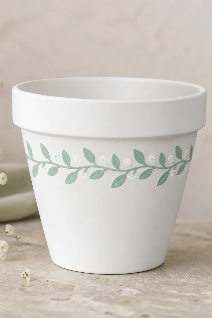 A terracotta pot painted matte white with a mint-green hand-drawn leaf border around the top third. Small white daisy dots sit inside the mint border. The rim stays sharp and clean, and the background paint looks smooth and even.