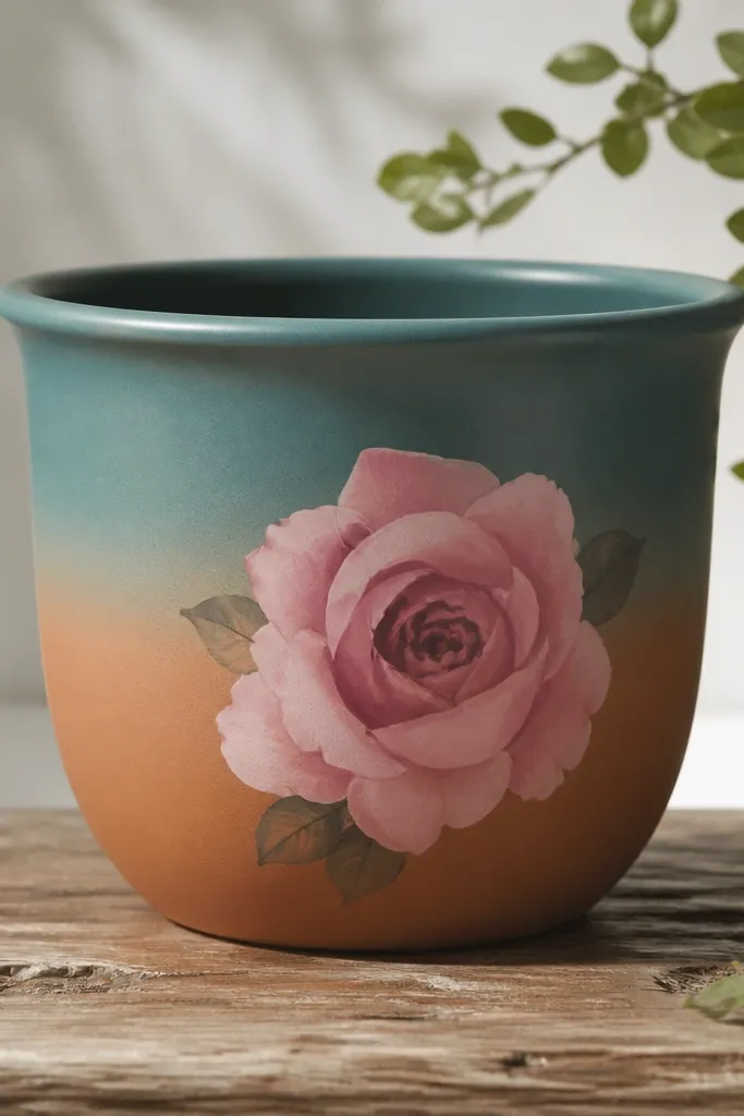 A terracotta pot with a smooth ombre fade from warm terracotta at the bottom into teal at the top. On the side, a single large rose painted in muted rose pink with a darker center sits slightly off-center. The ombre edge is soft, not streaky.