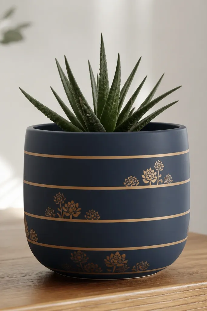 A matte navy pot with evenly spaced horizontal stripes. Between the stripes, small succulent drawings in warm gold sit like clusters on one side. The finish looks chalky and matte, with clean stripe edges.
