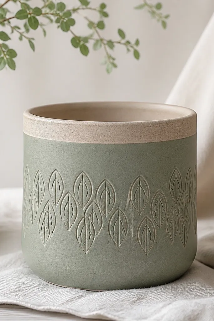 A sage green pot with repeating arc patterns around the middle. Each arc looks like a stamped leaf shape, slightly varied in size. The top rim is left unpainted or lightly protected, and the pot has a soft matte finish.
