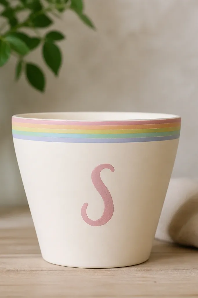 A pot painted matte cream with a thin rainbow arc along the top rim. A single hand-painted letter sits near the front in a matching pastel color. The rim arc is clean and even, and the rest of the pot stays solid and simple.
