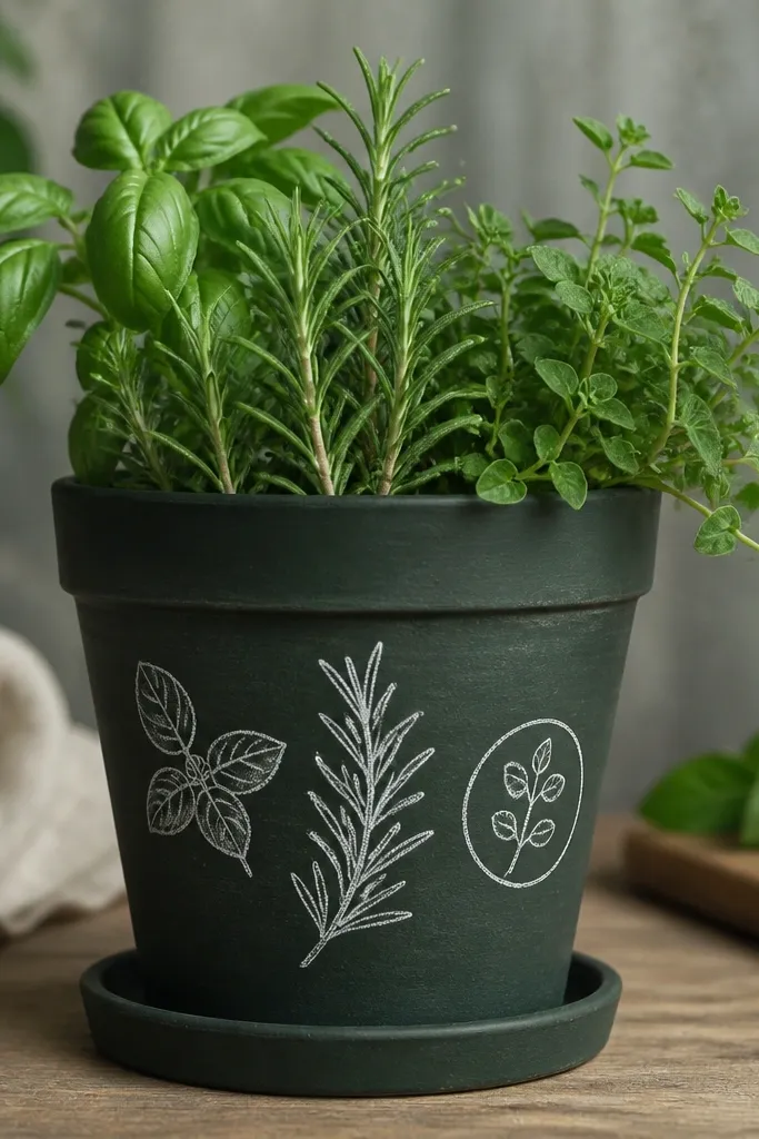 A pot painted blackboard green (nearly dark forest green) with chalk-like white outlines of herb icons: small basil leaves, a rosemary sprig, and a tiny oregano circle. The finish looks slightly textured like chalkboard paint.