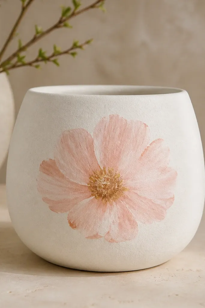 A pot painted in a soft white with visible spongy texture like linen. A single statement flower in pale blush pink and warm peach sits centered on the front. The overall look is matte with gentle texture.