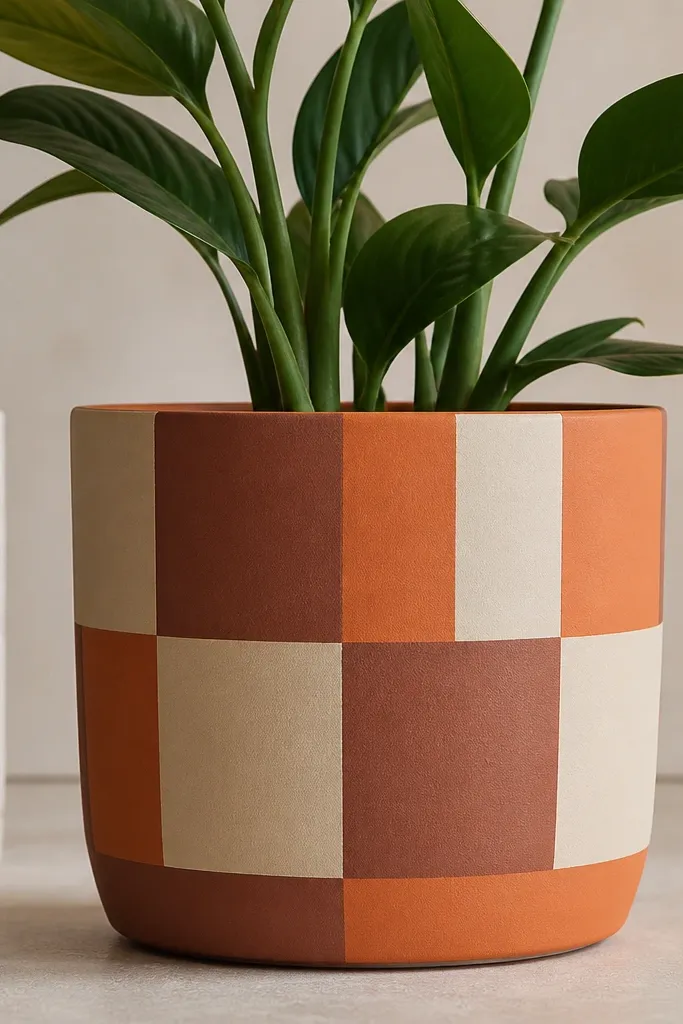 A pot painted with alternating geometric blocks: terracotta orange, warm clay brown, and a dusty cream. The blocks have sharp tape edges and a tile-like grid around the pot. The finish is matte and neatly aligned.