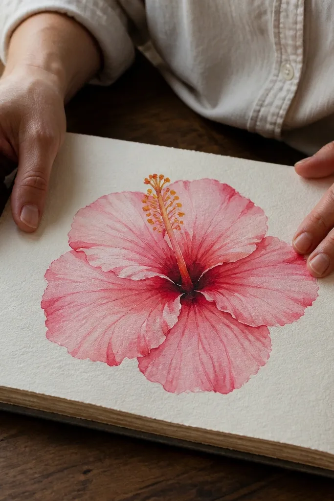 Pink hibiscus bloom with soft watercolor petals and a warm yellow center.