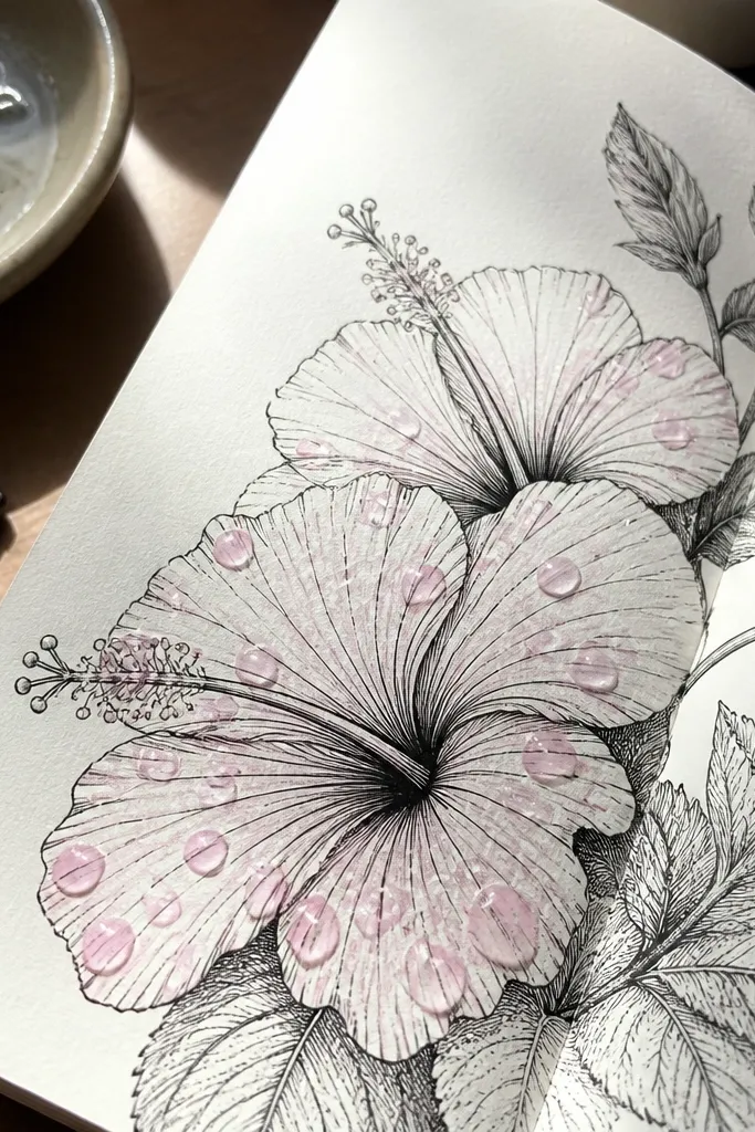 Black outline hibiscus with bright pink highlight dots on petals.