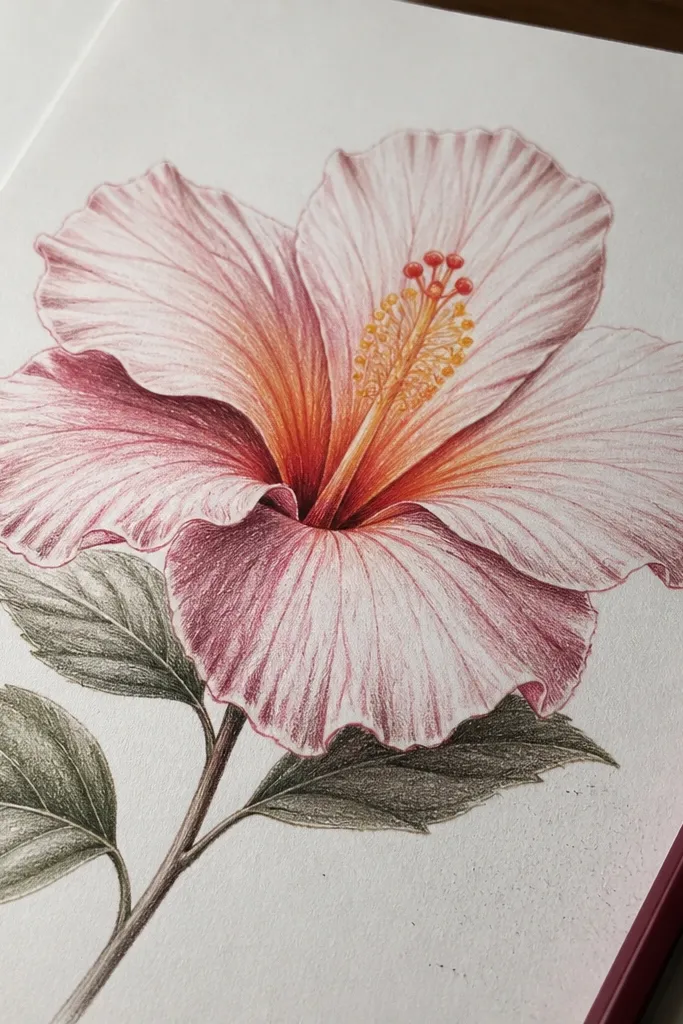 Angled pink hibiscus with dark rose shadows under overlapping petals.