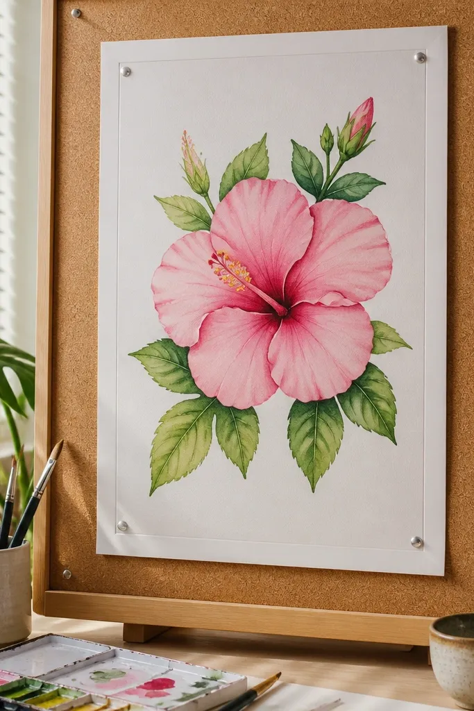 Pink hibiscus bloom with matching green leaves in soft wash colors.