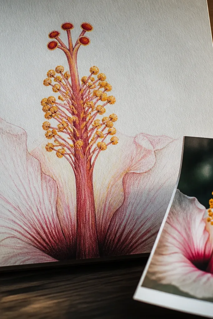 Close hibiscus center with detailed stamen lines and pink petal edges.