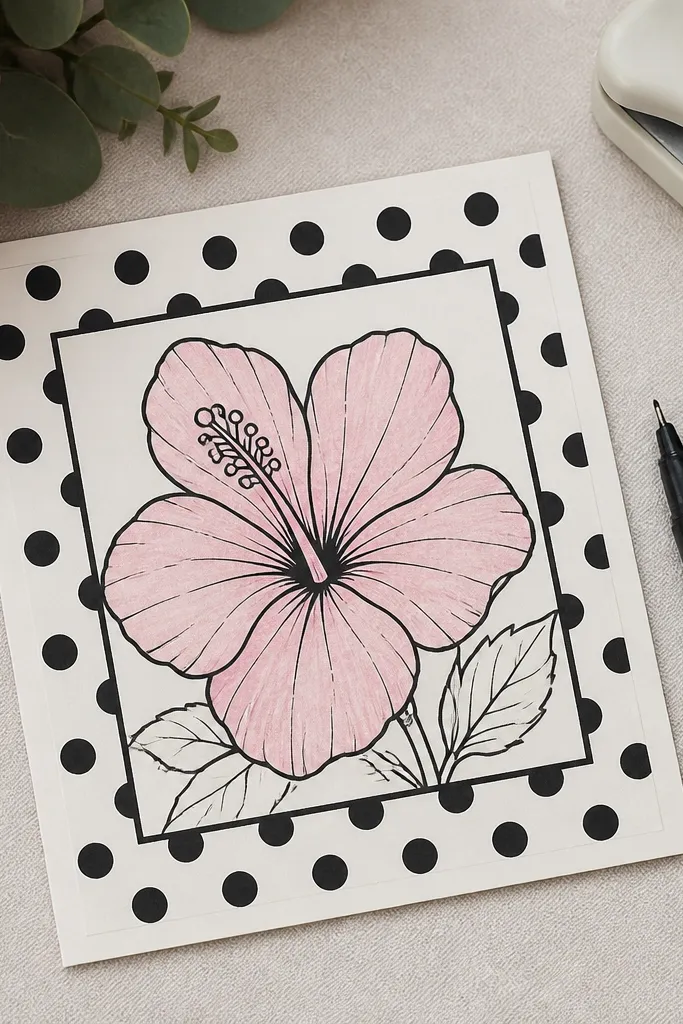 Pink hibiscus centered in a polka dot border with clean black outlines.