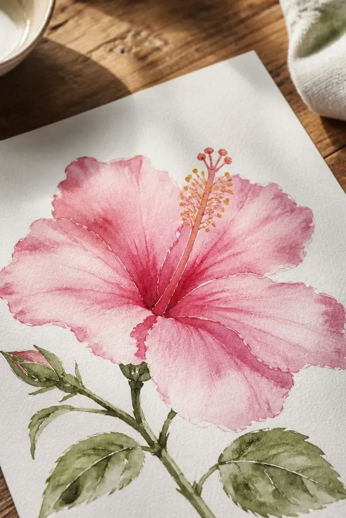 Pink hibiscus with soft watercolor edges that bleed slightly into each other.