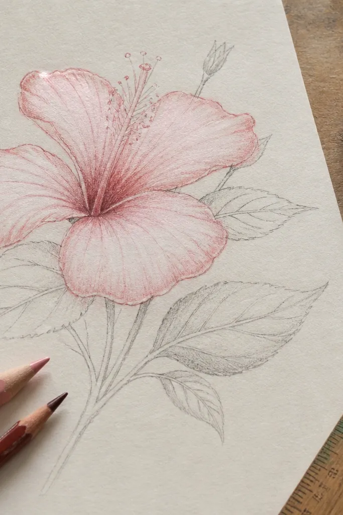 Marker-drawn hibiscus with pencil texture on petals and leaves.