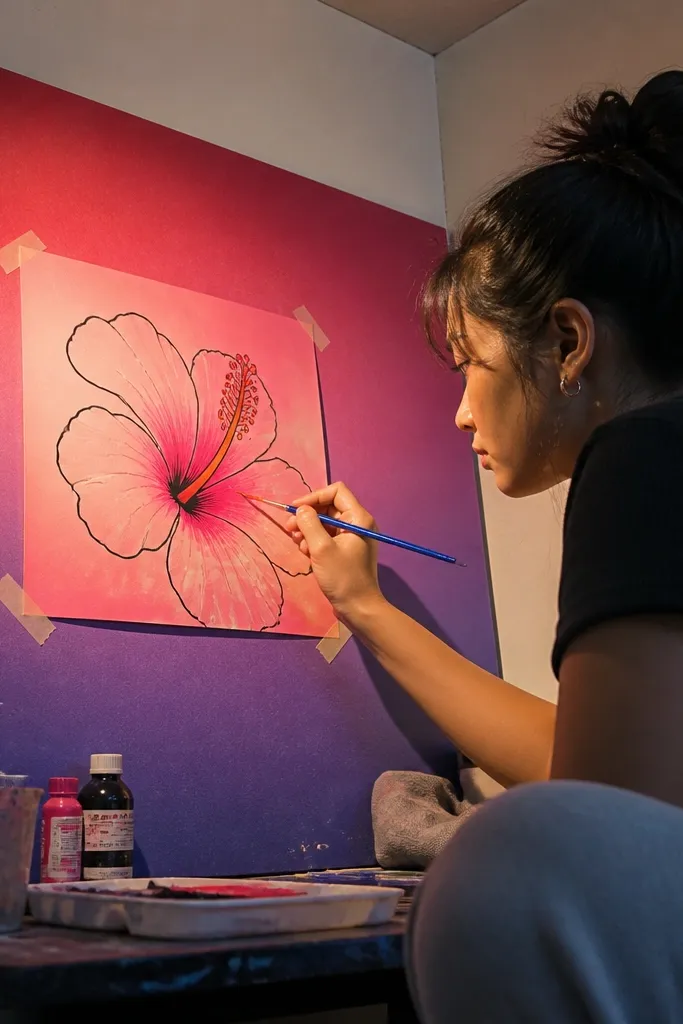 Hibiscus silhouette in dark outline with neon pink gradient background.
