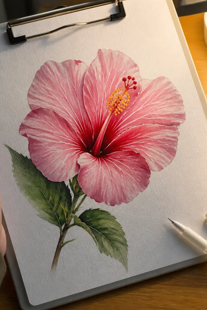 Pink hibiscus with bright white gel pen veins on petals.