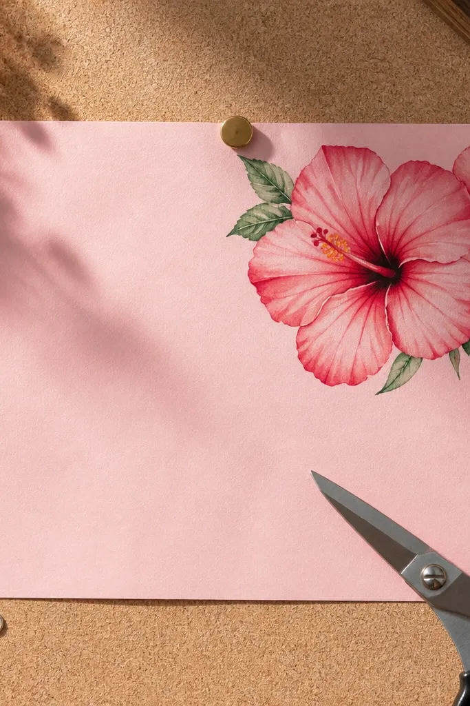 Pink hibiscus bouquet drawn in corner on light pink paper with green leaves.
