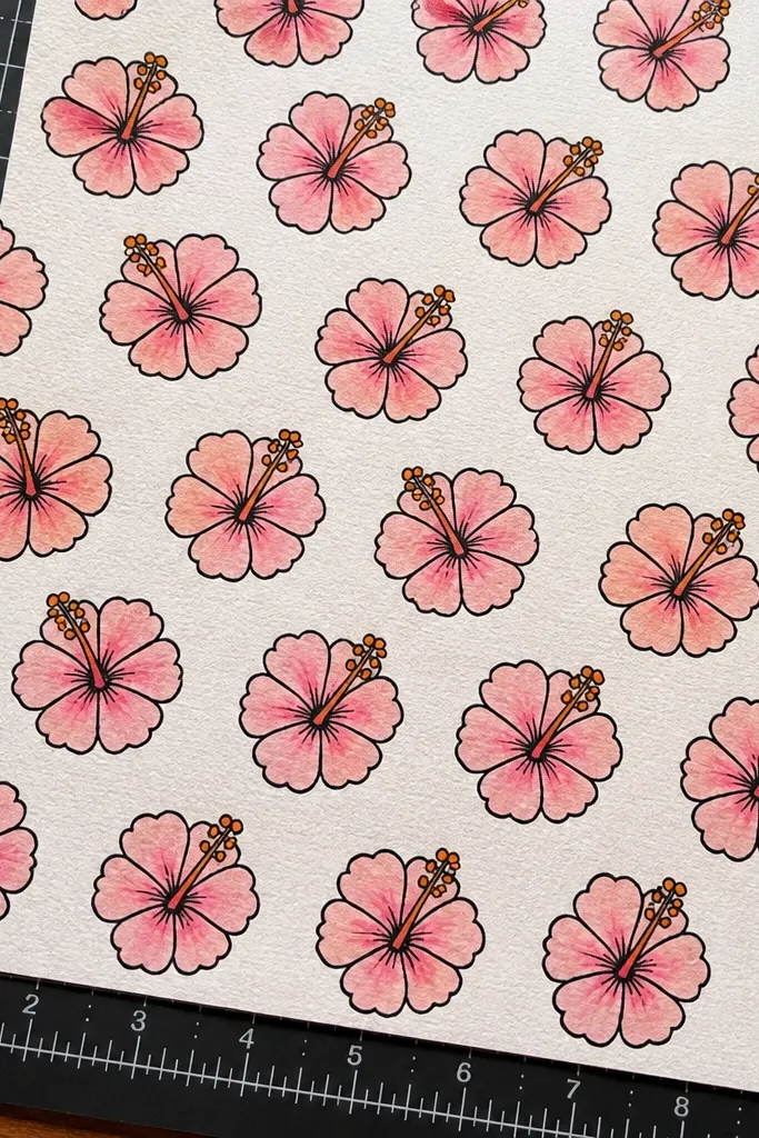 Repeated pink hibiscus pattern tiles with simple frames.