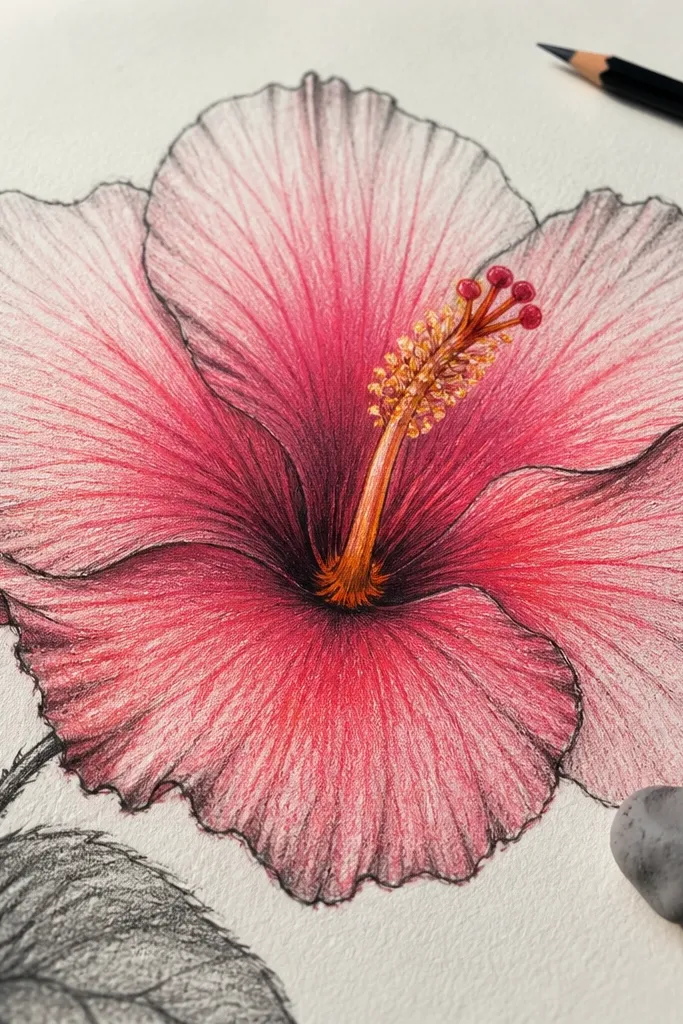 Pink hibiscus with ombre petals fading lighter toward tips and charcoal edges.