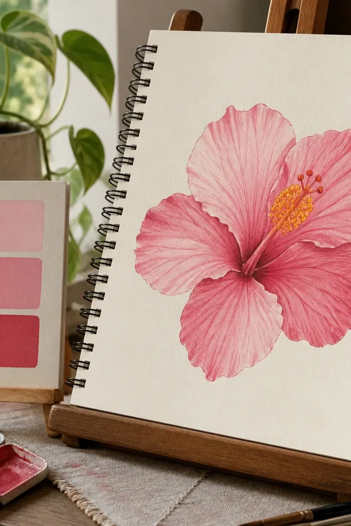 Hibiscus shaded with three pink tones and clean stamen details.