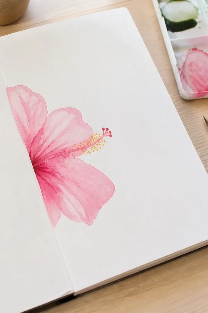 Half hibiscus bloom cut off by the page edge with soft pink wash.